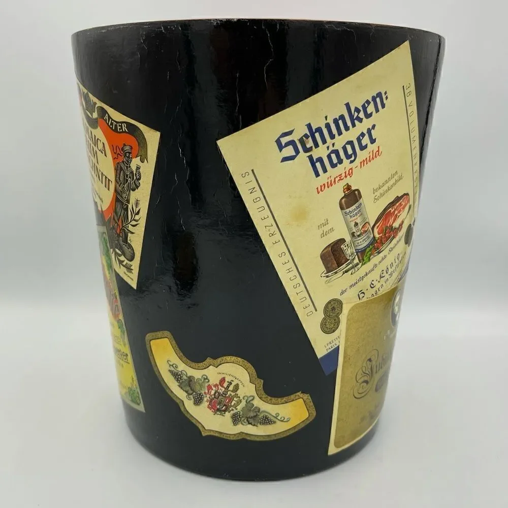 MidCentury W German Alcohol Label Decoupage Enameled Champagne Bucket & Coasters
